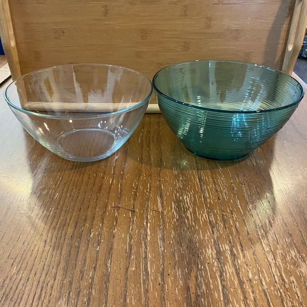 2 Duralex France Glass Bowls – Clear & Teal Ribbed 8.5” Vintage Cottagecore
